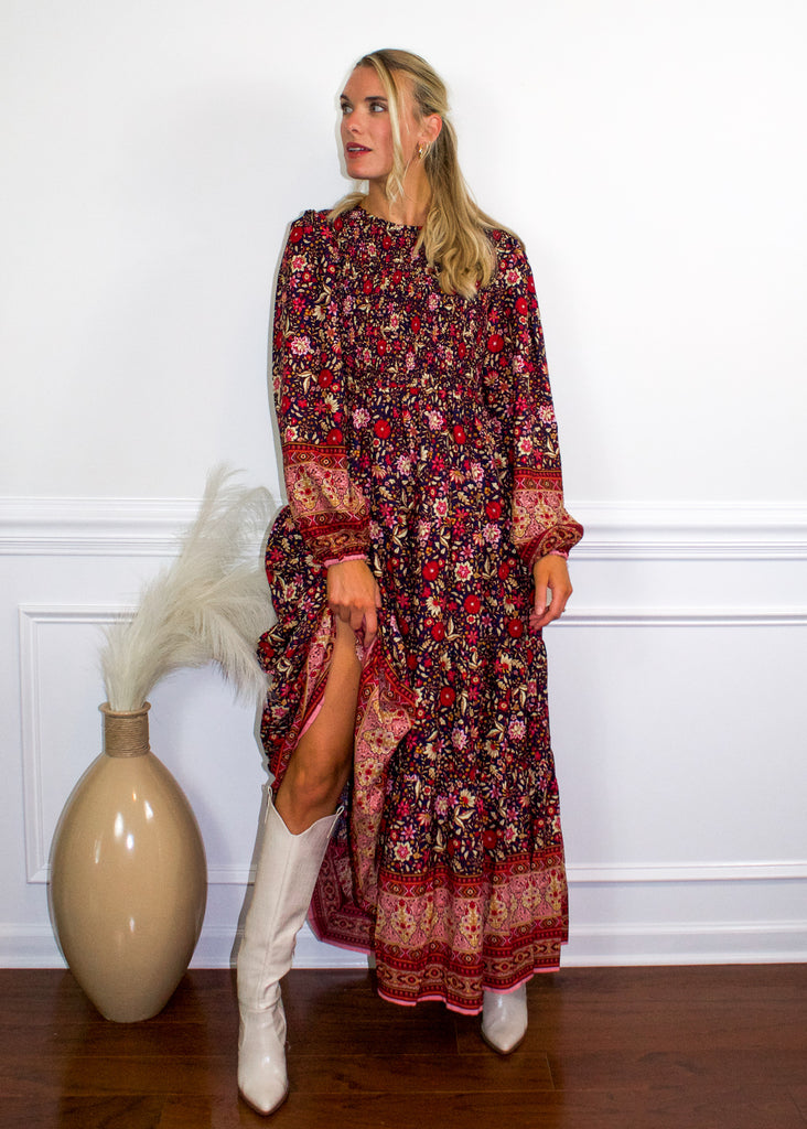 In Loom Floral Maxi Dress (Southwest Floral Maxi Dress in Midnight) - Sugar & Spice Apparel Boutique