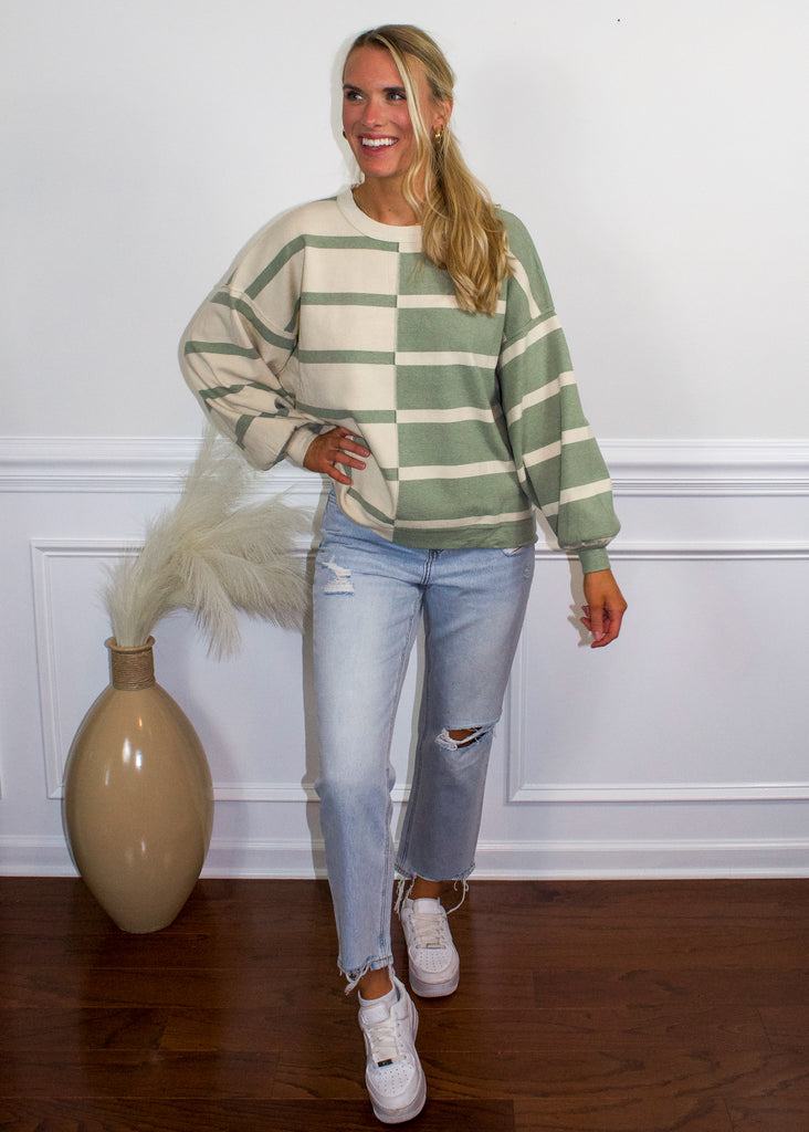 Miou Muse Green Striped Sweater - Sugar & Spice Apparel Boutique