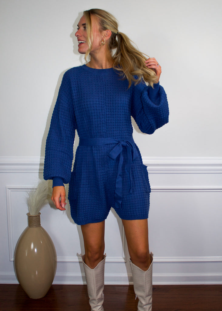 Blue Blush Waffle Sweater Romper in Navy - Sugar & Spice Apparel Boutique