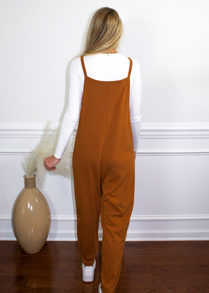 Bucketlist Solid Knit Jumpsuit in Camel - Sugar & Spice Apparel Boutique