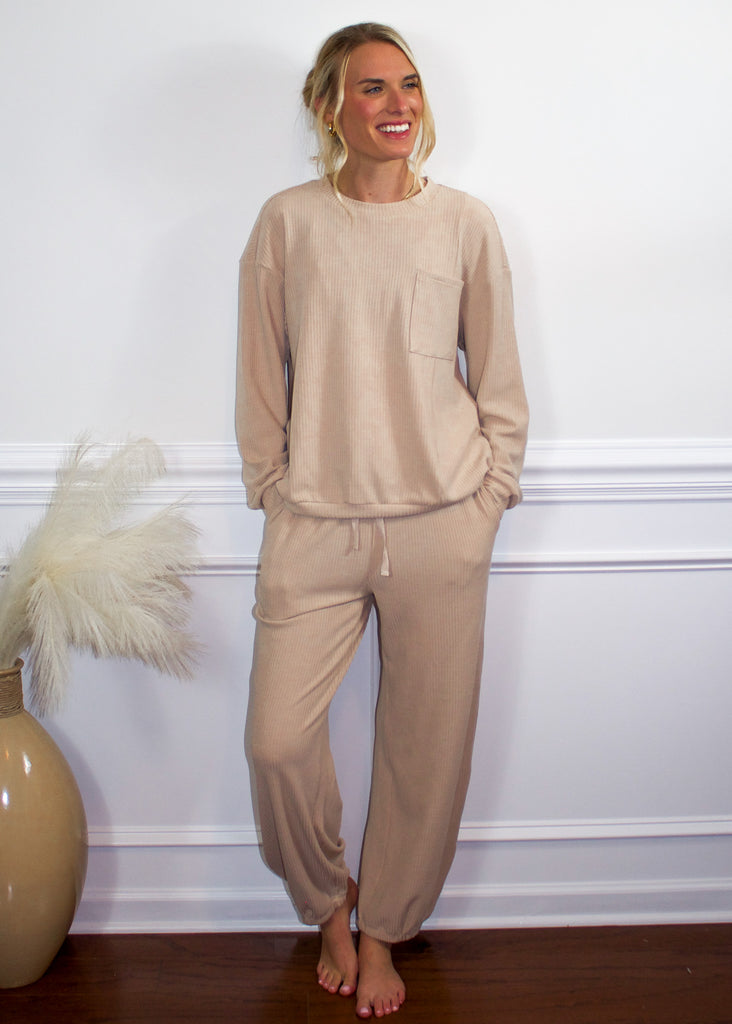 Waffle Knit Lounge Set in Champagne - Sugar & Spice Apparel Boutique