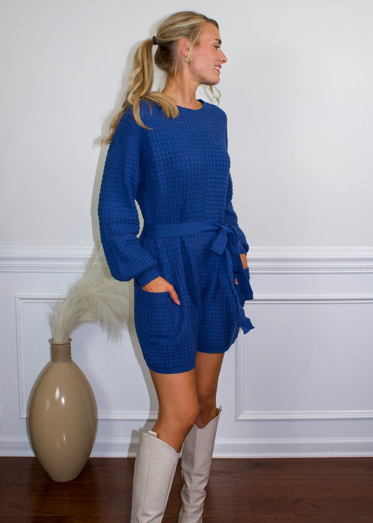 Blue Blush Waffle Sweater Romper in Navy - Sugar & Spice Apparel Boutique