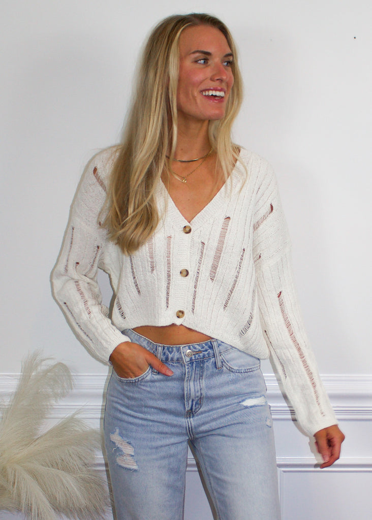 Miou Muse Distressed Cropped Cardigan - Sugar & Spice Apparel Boutique