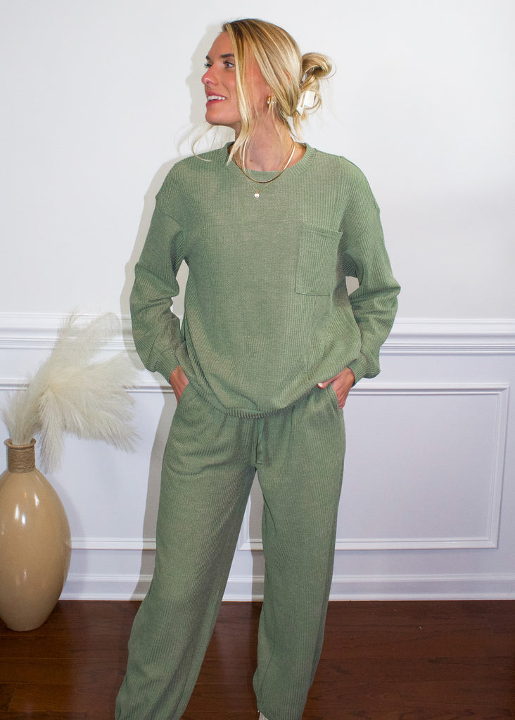 Waffle Knit Lounge Set in Olive - Sugar & Spice Apparel Boutique