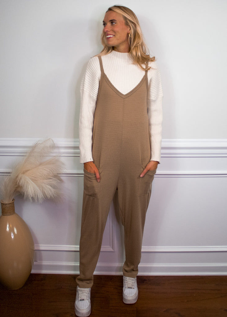 Bucketlist Solid Knit Jumpsuit in Taupe - Sugar & Spice Apparel Boutique