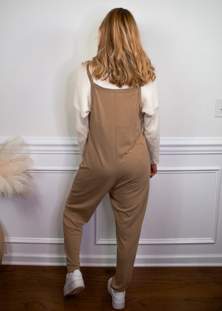 Bucketlist Solid Knit Jumpsuit in Taupe - Sugar & Spice Apparel Boutique
