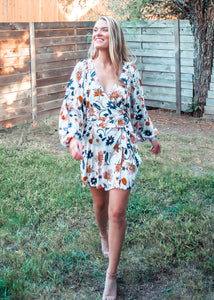 Orange Blossom Balloon Sleeve Wrap Dress - Sugar & Spice Apparel Boutique